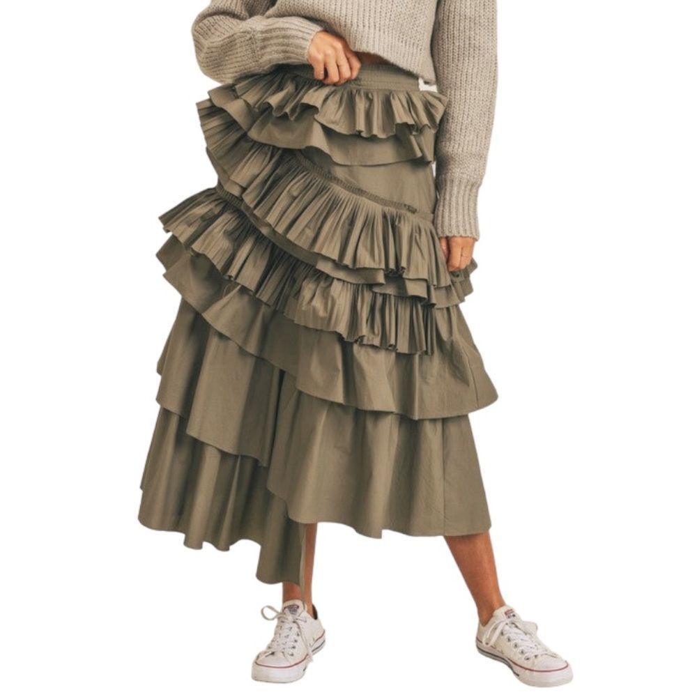 Women's Olive Ruffle Maxi Skirt - Layered Midi Skirt